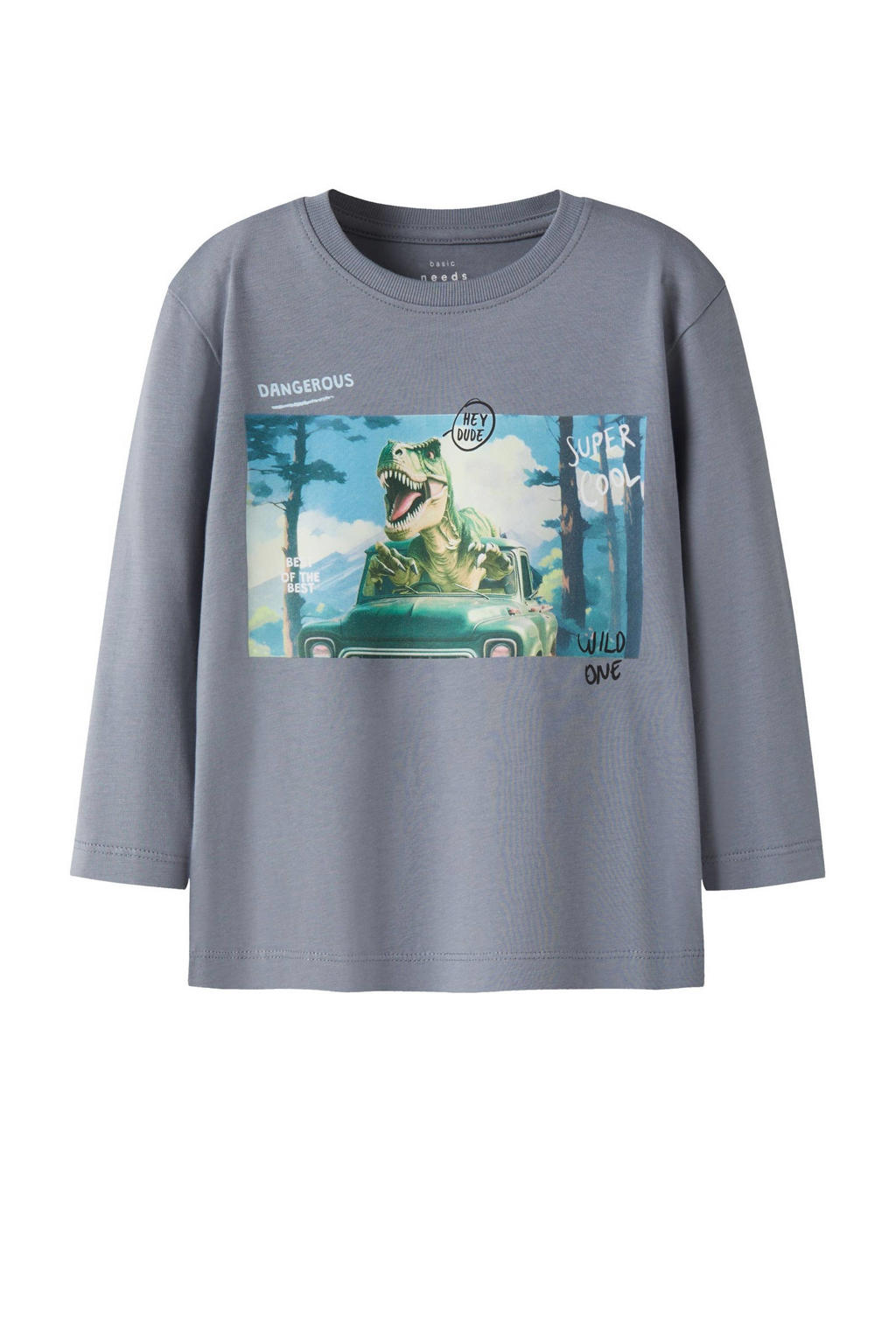 Grijsblauwe jongens NAME IT MINI longsleeve blauw van katoen met printopdruk, lange mouwen en ronde hals