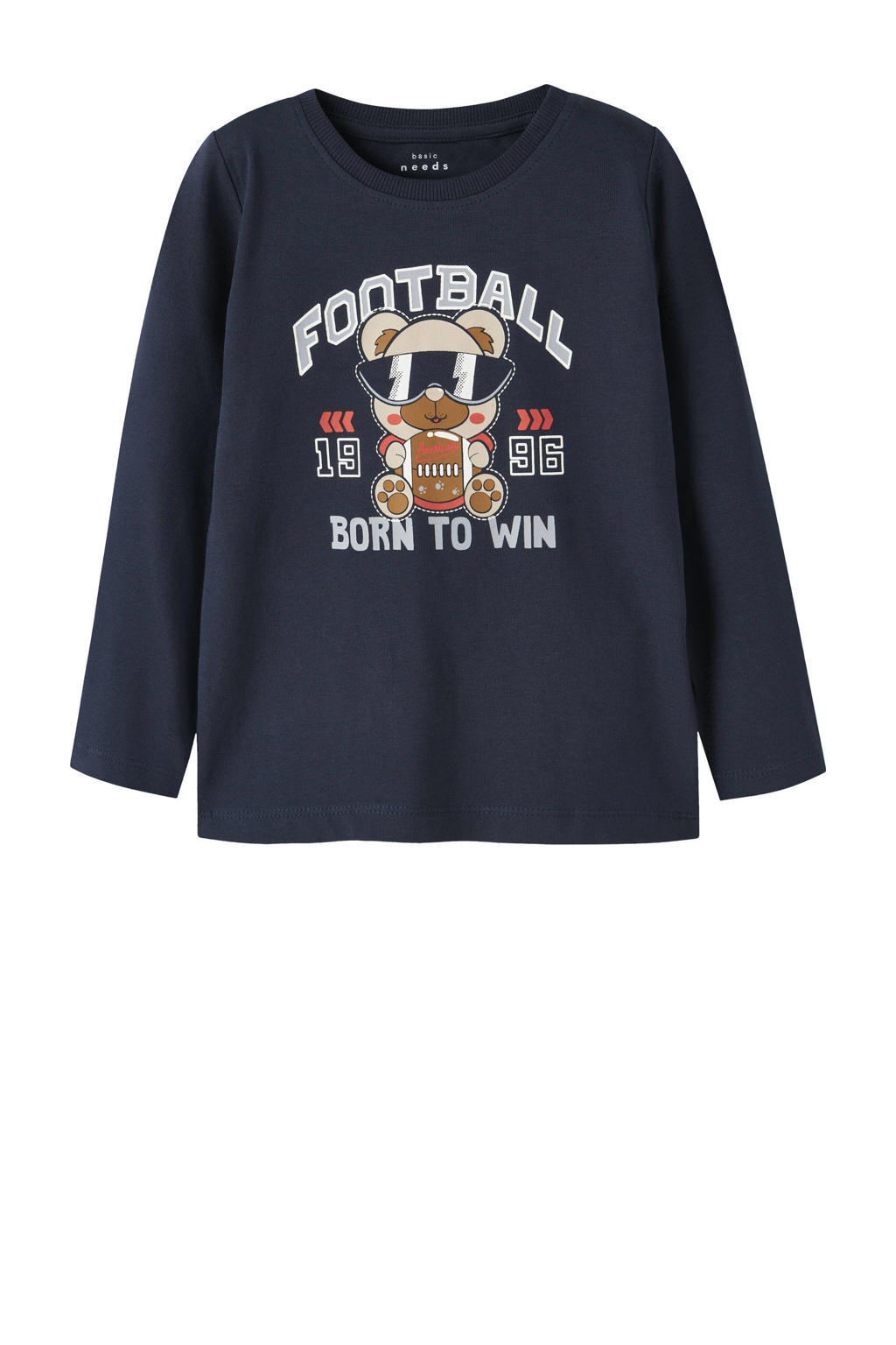 Donkerblauwe jongens NAME IT MINI longsleeve van stretchkatoen met printopdruk, lange mouwen en ronde hals
