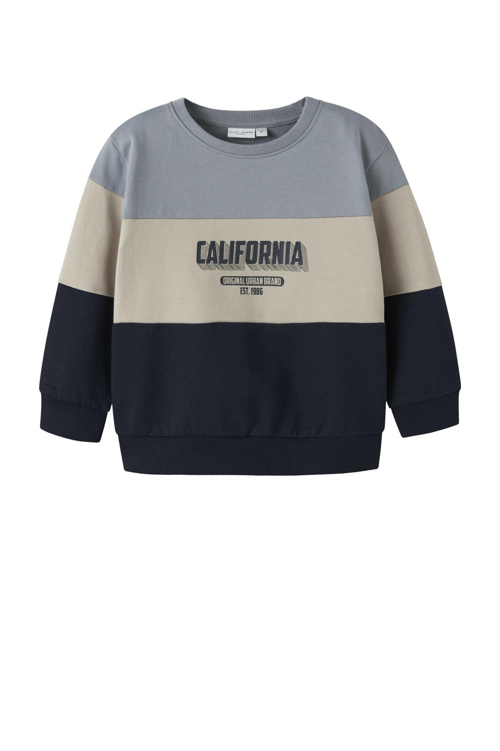 Donkerblauw, zand en lichtblauwe jongens NAME IT MINI sweater met meerkleurige print, lange mouwen en ronde hals
