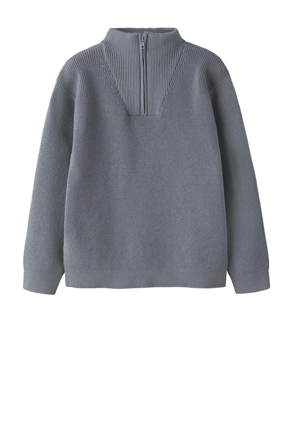 Grijsblauwe jongens NAME IT MINI trui blauw gebreid van katoen met effen, lange mouwen, opstaande kraag en halve rits