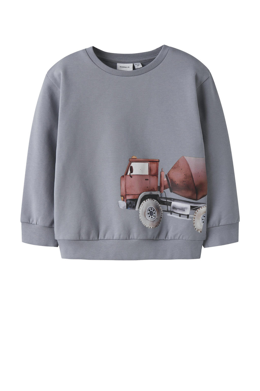 Grijsblauwe jongens NAME IT MINI sweater blauw met printopdruk, lange mouwen, ronde hals en geribde boorden