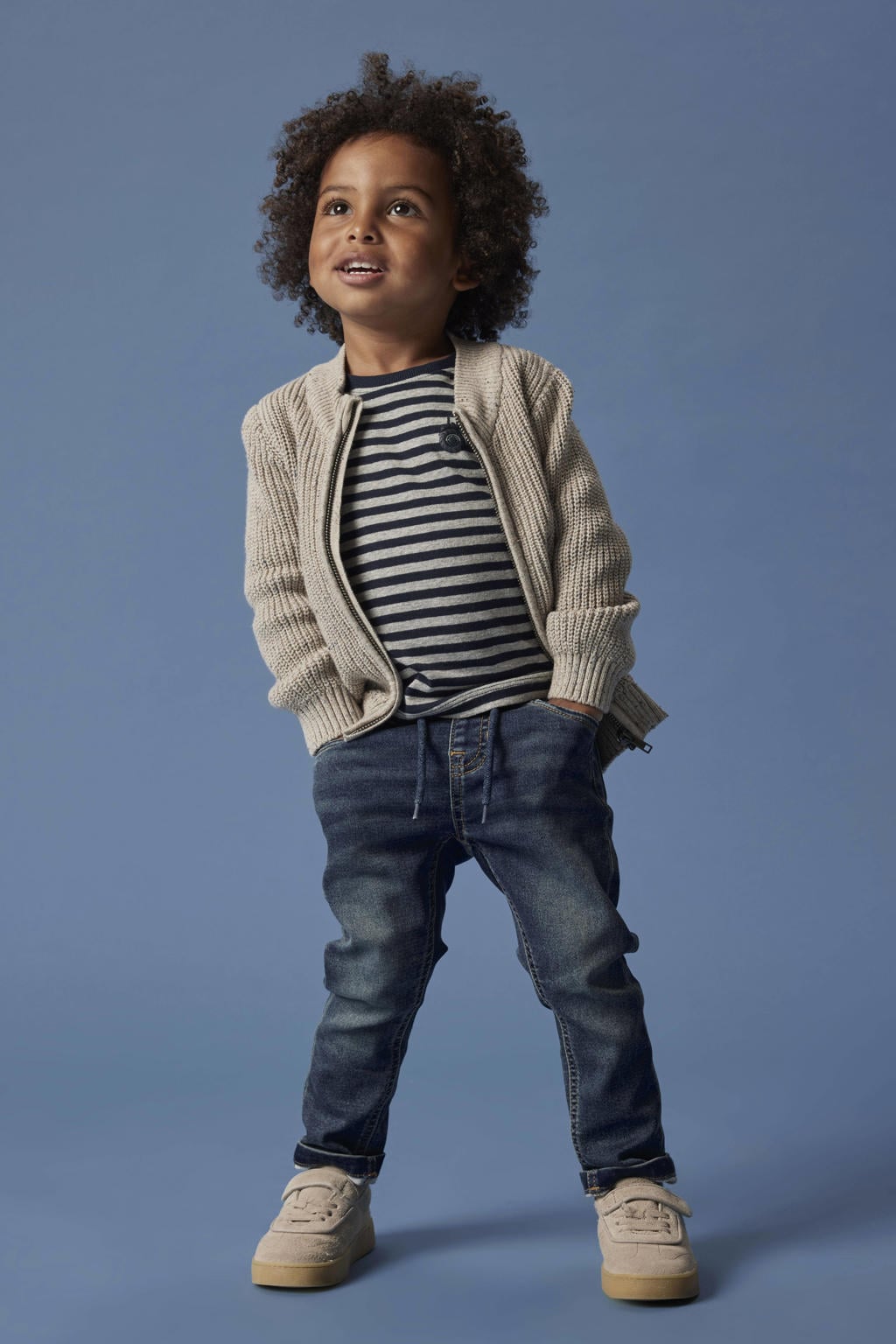 Zandkleurige jongens NAME IT MINI cardigan gebreid van katoen met effen, lange mouwen, ronde hals en ritssluiting