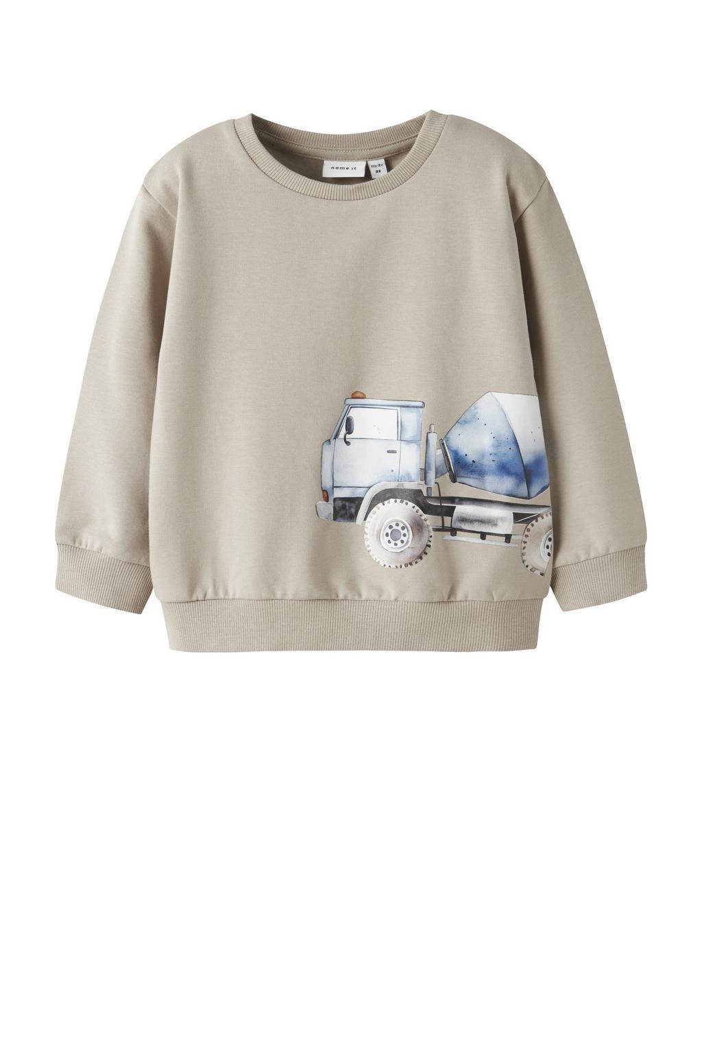 Beige jongens NAME IT MINI sweater met printopdruk, lange mouwen, ronde hals en geribde boorden