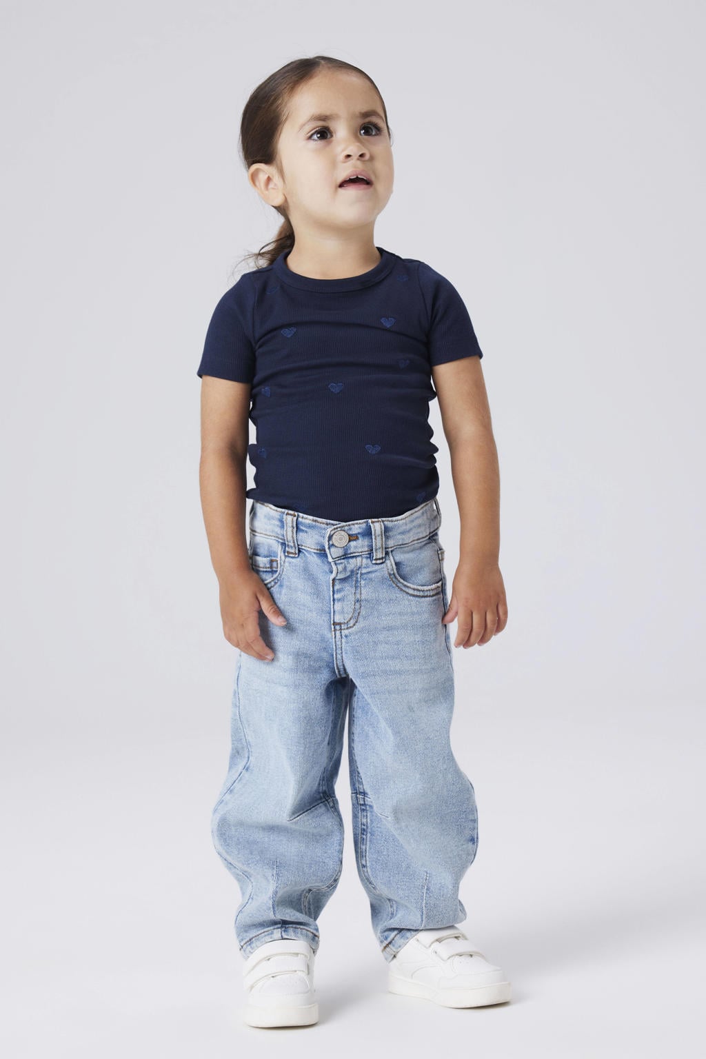 Medium blue denim meisjes NAME IT MINI baggy jeans van denim met regular waist, rits- en knoopsluiting en effen