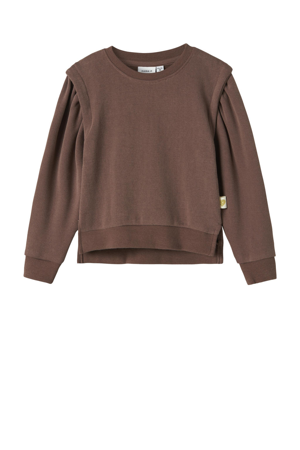 Bruine meisjes NAME IT MINI sweater met effen, lange mouwen, ronde hals en geribde boorden