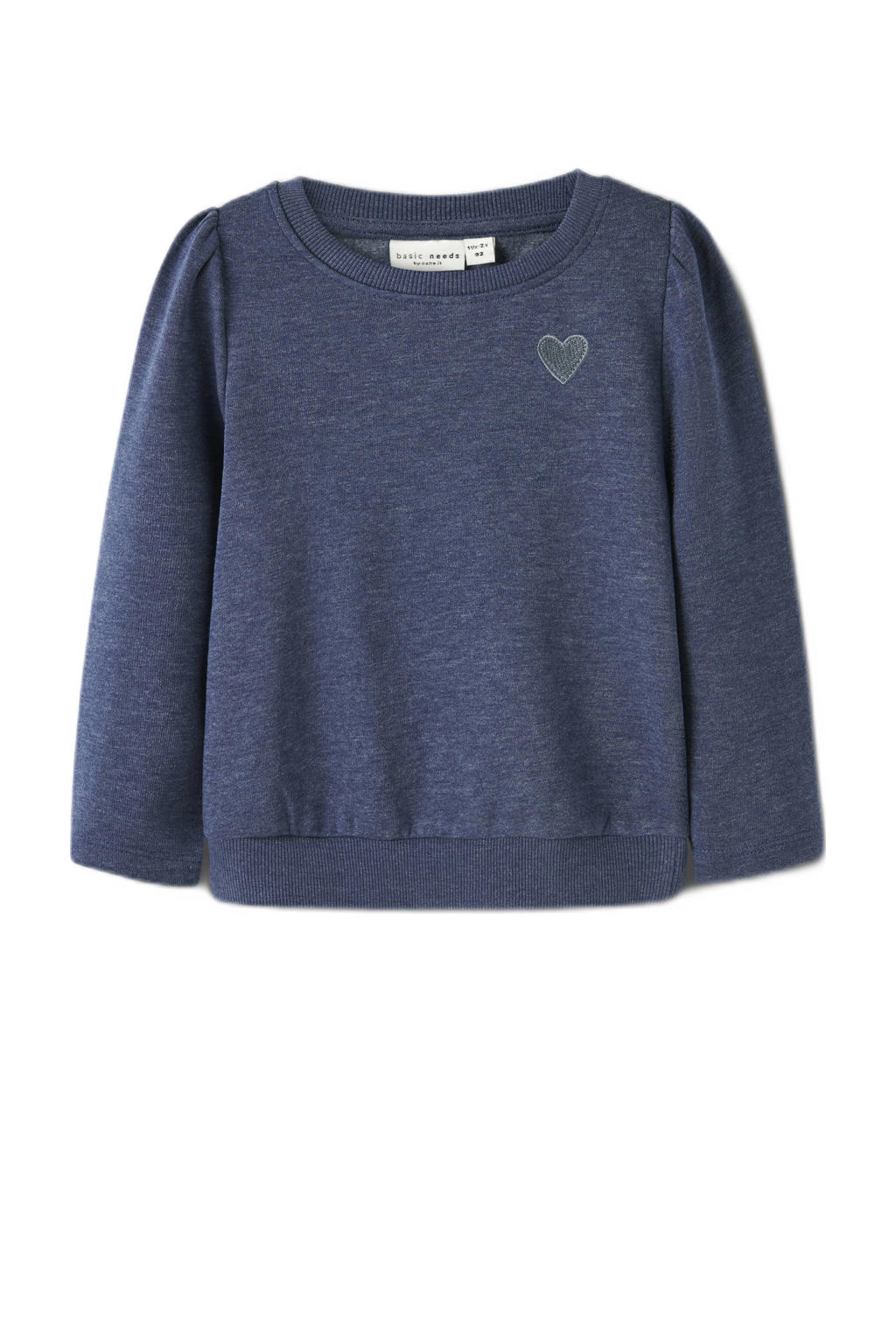Donkerblauwe meisjes NAME IT MINI sweater met effen, lange mouwen, ronde hals en borduursels