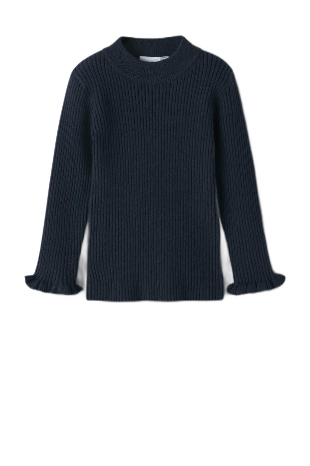 Donkerblauwe meisjes NAME IT MINI longsleeve van viscose met effen, lange mouwen, ronde hals, beugel en ruches