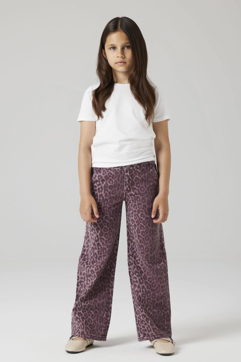 Donkerrode meisjes NAME IT KIDS wide leg casual broek van katoen met rits- en haaksluiting en dierenprint
