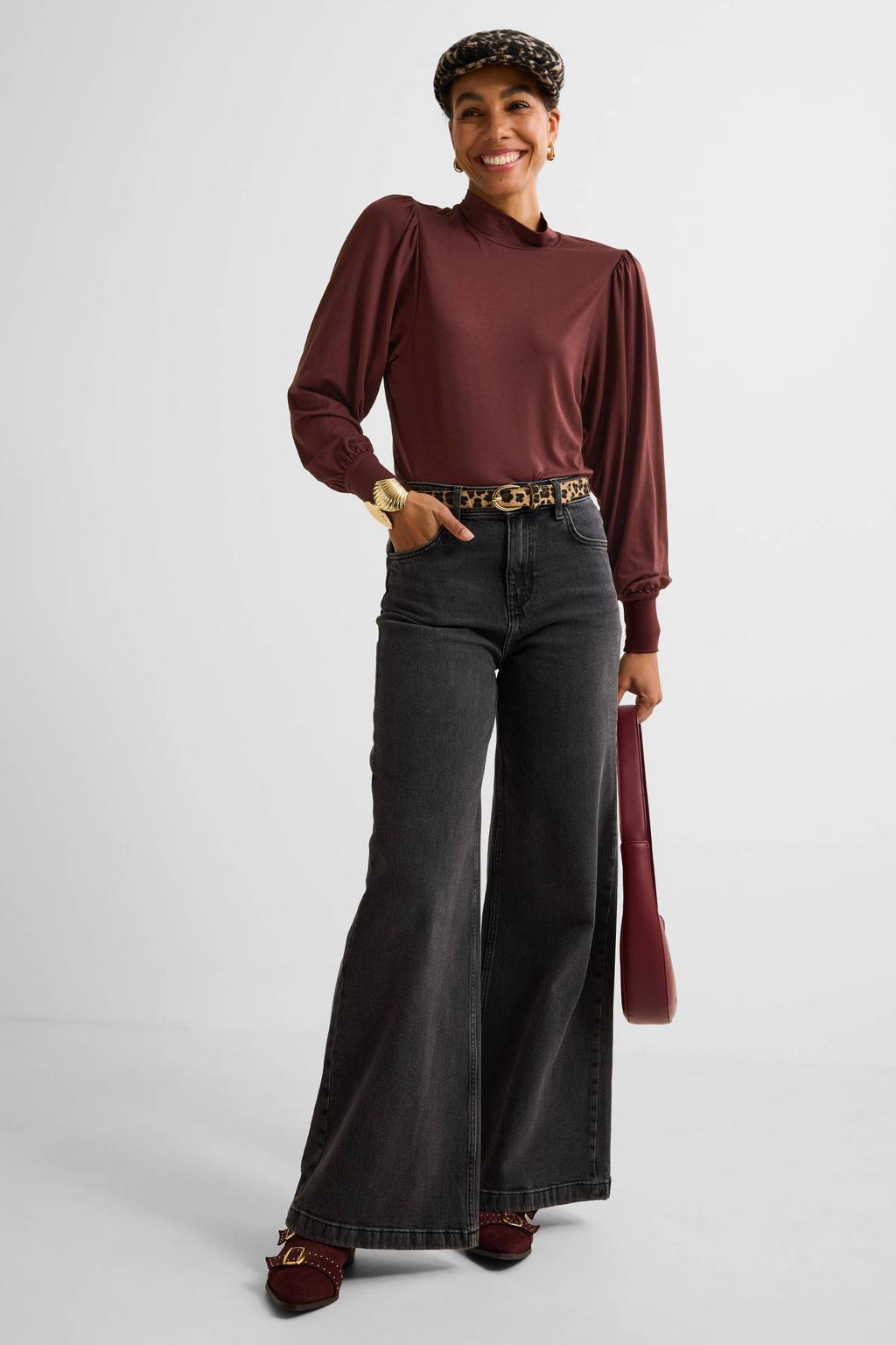 Bruine dames Ruby top van viscose met effen, lange mouwen en col