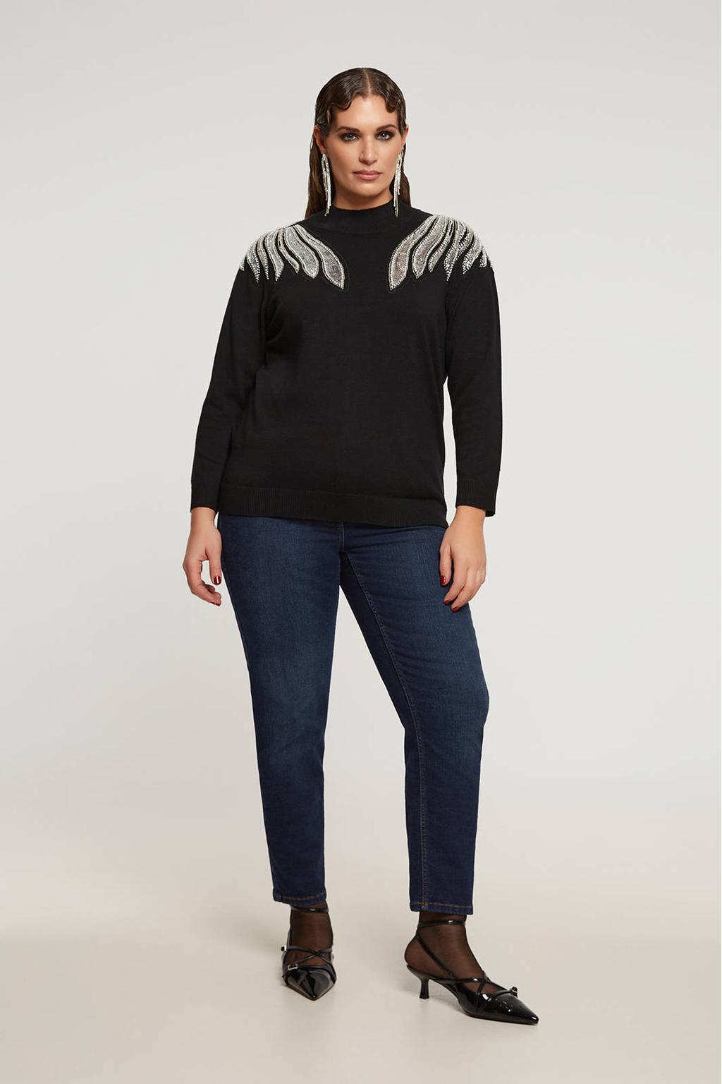 Zwarte dames Mat Fashion sweater van viscose met effen, lange mouwen, ronde hals en pailletten