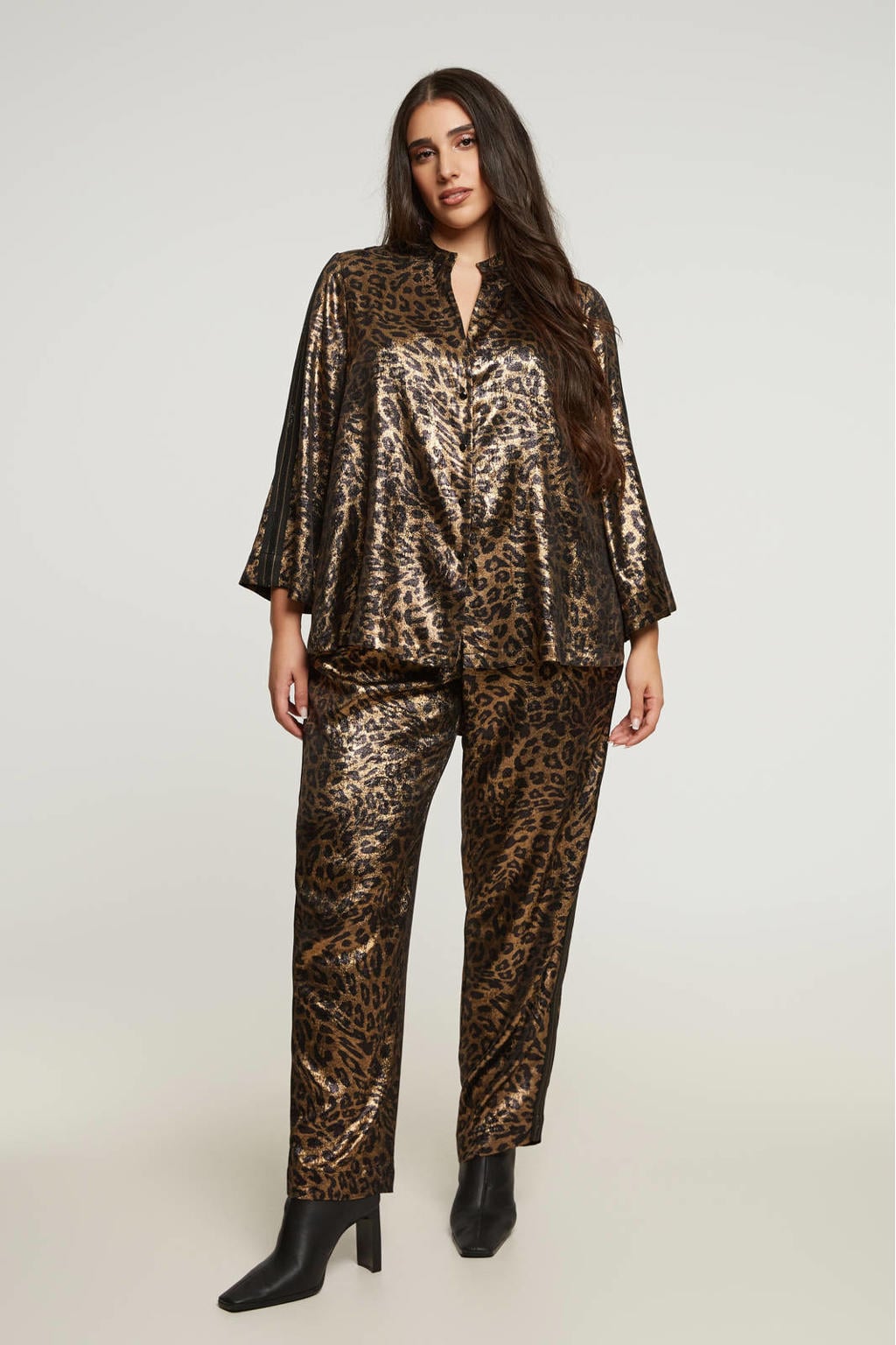 Gouden dames Mat Fashion blouse van polyester met dierenprint, lange mouwen, klassieke kraag en knoopsluiting