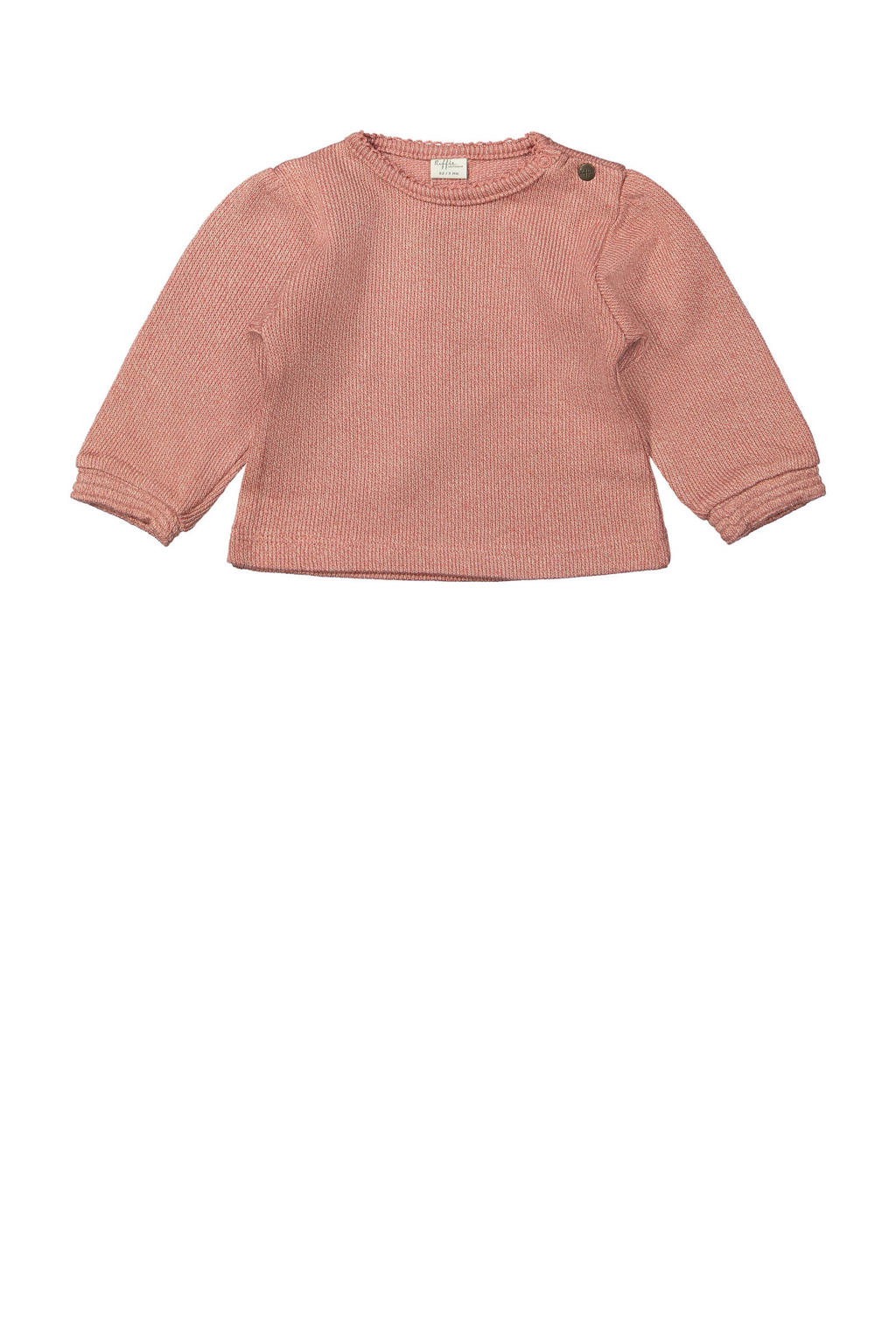 Roze meisjes Riffle Amsterdam sweater fijn gebreid van katoen met effen, lange mouwen, ronde hals en drukknoopsluiting