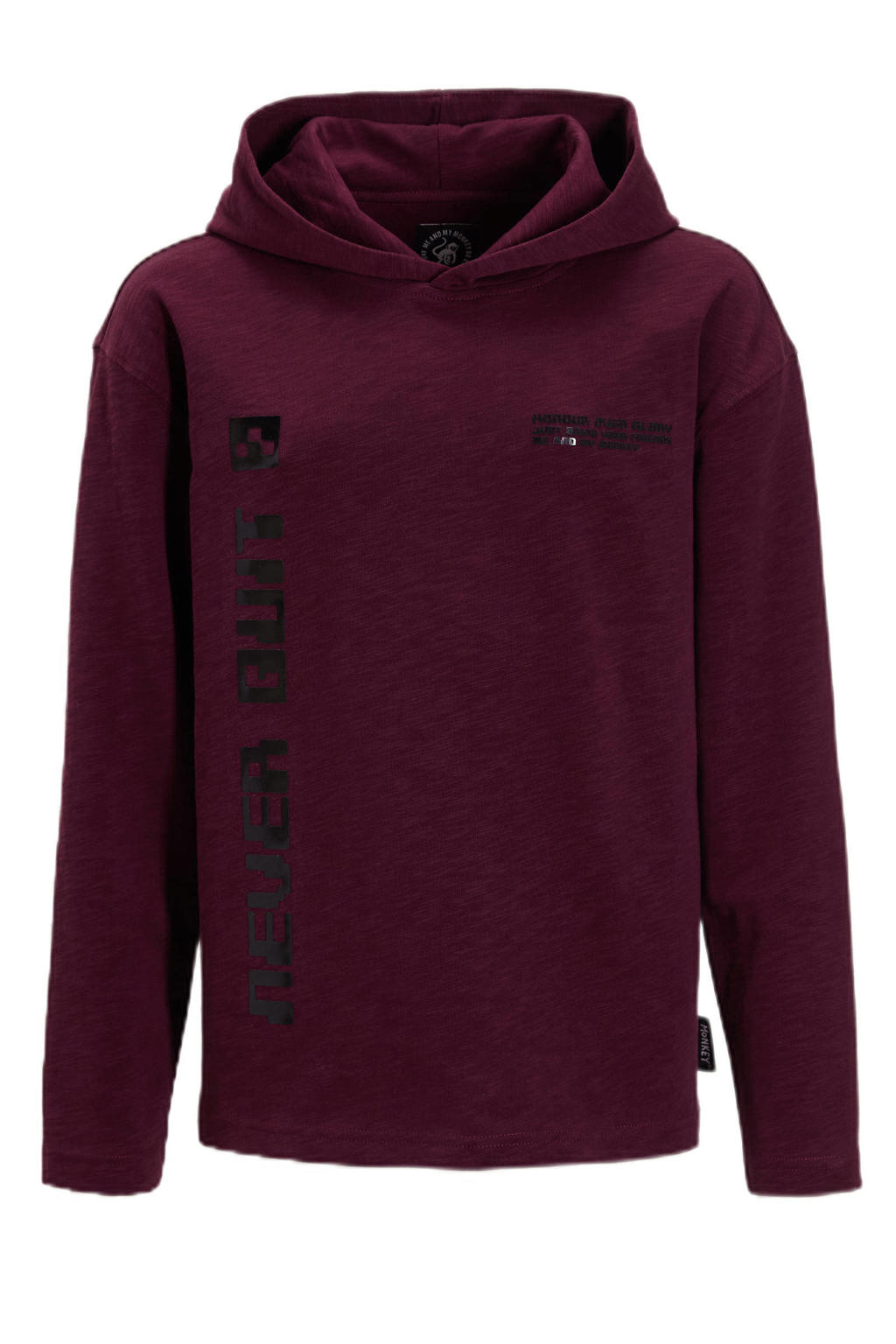 Donkerrode jongens Me & My Monkey longsleeve Kyle bordauxrood van katoen met printopdruk, lange mouwen en capuchon