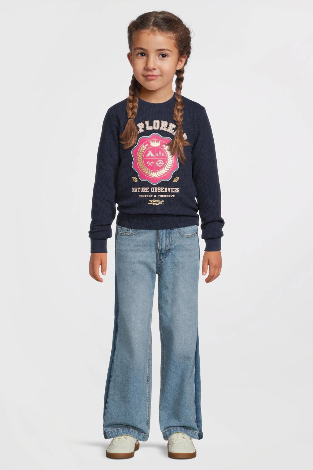 Donkerblauwe meisjes Me & My Monkey waffle longsleeve Isabella van katoen met printopdruk, lange mouwen en ronde hals