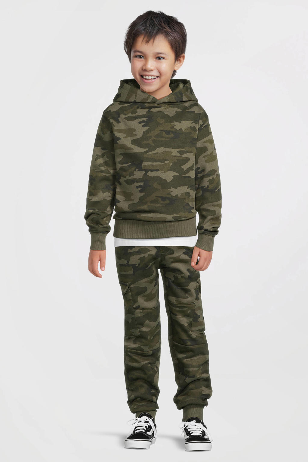 Kakikleurige jongens Anytime hoodie print van sweat materiaal met camouflageprint, lange mouwen en capuchon