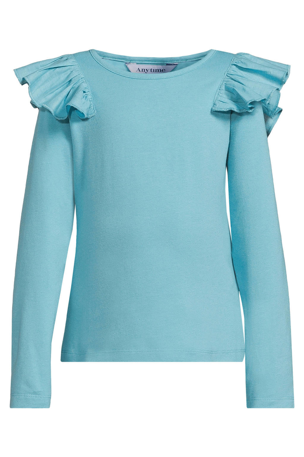 Lichtblauwe meisjes Anytime longsleeve van katoen met effen, lange mouwen, ronde hals en ruches