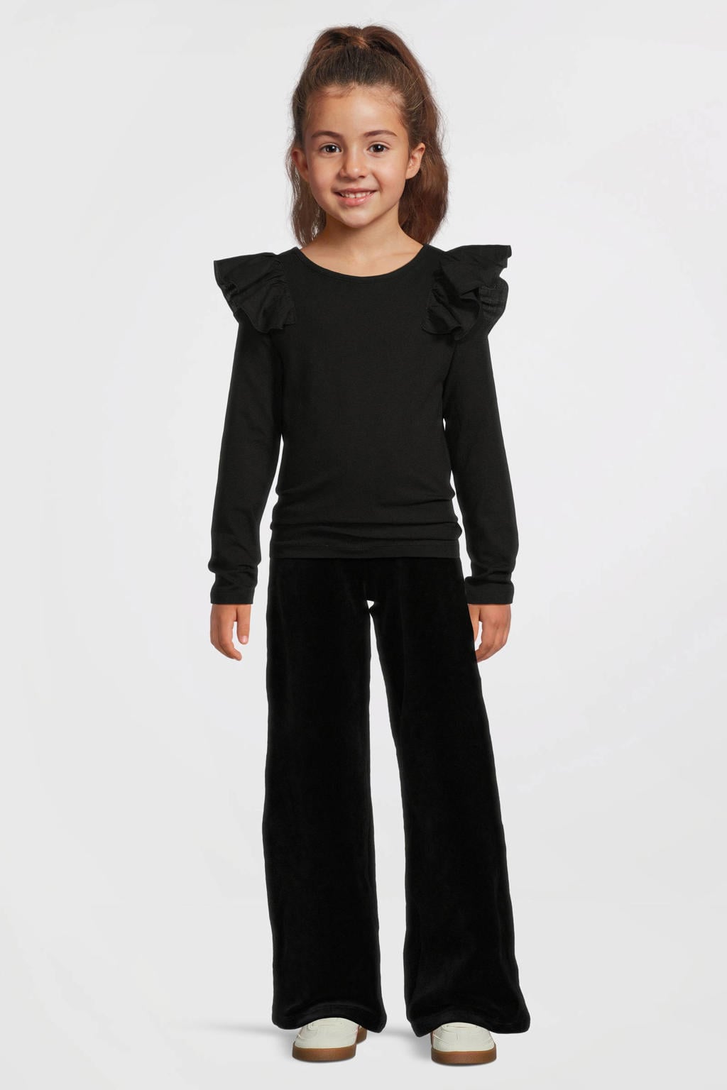 Zwarte meisjes Anytime longsleeve van katoen met effen, lange mouwen, ronde hals en ruches