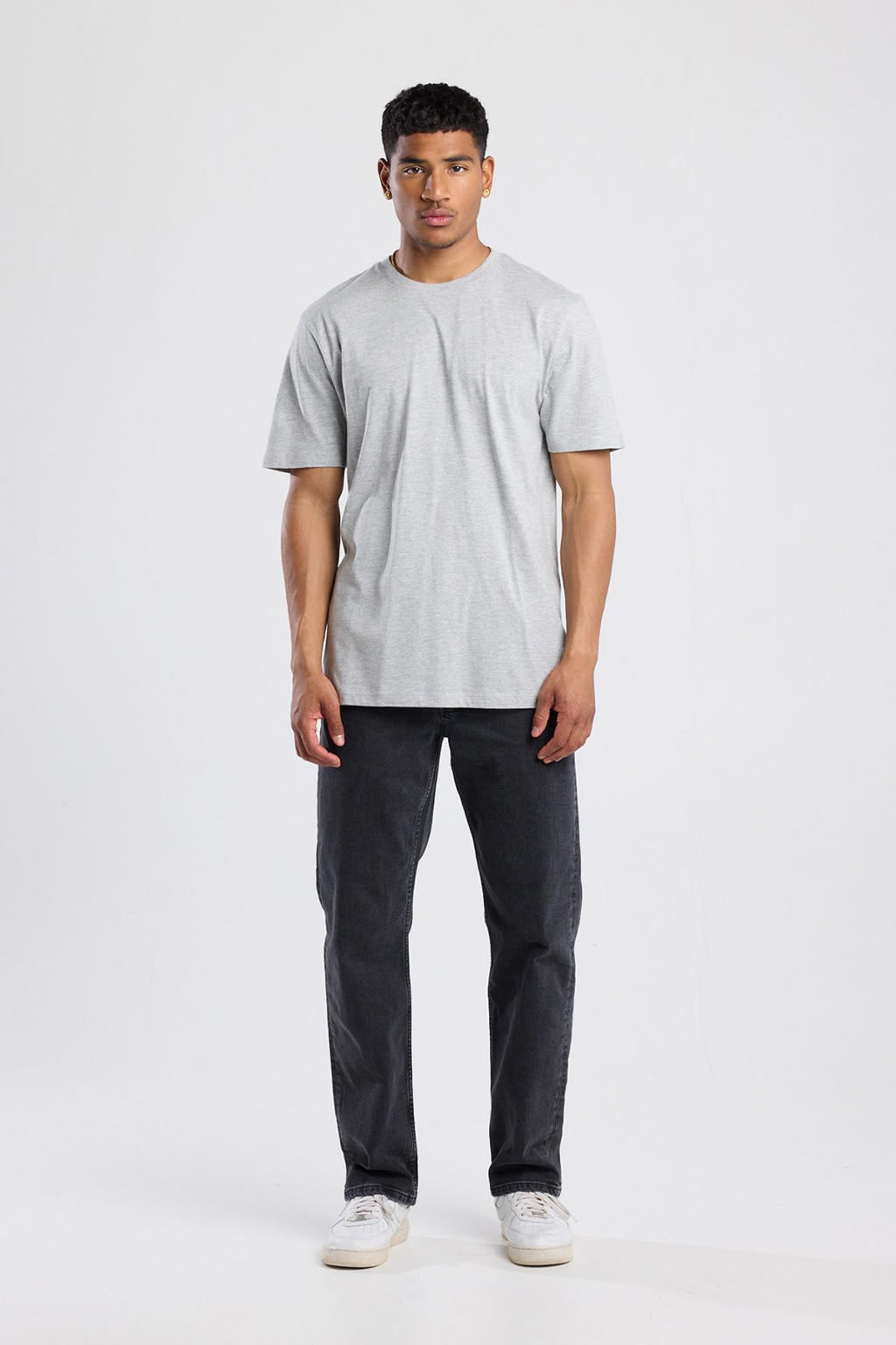 Grijze heren America Today regular T-shirt van katoen met effen, korte mouwen en ronde hals
