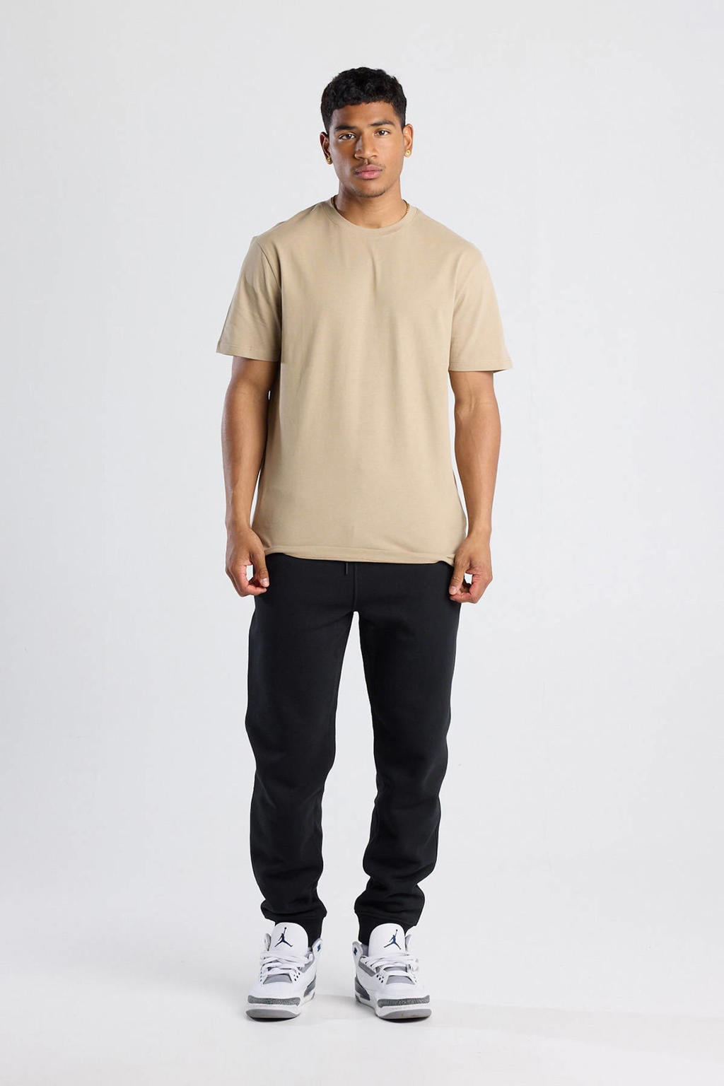 Beige heren America Today regular T-shirt van katoen met effen, korte mouwen en ronde hals
