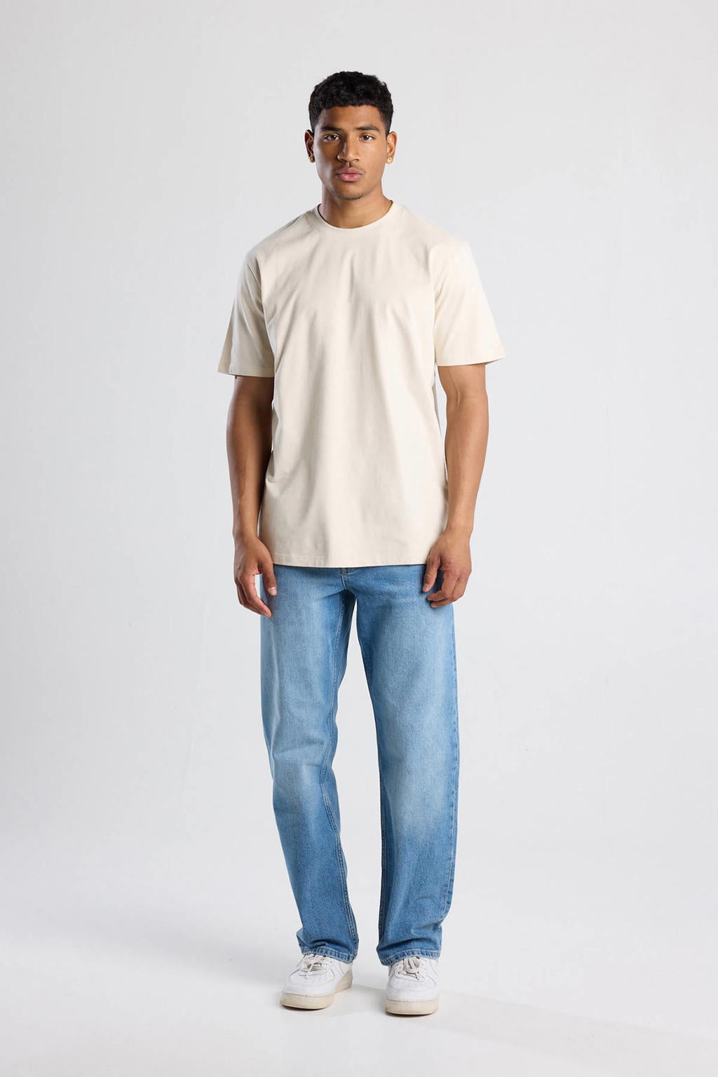 Beige heren America Today regular T-shirt van katoen met effen, korte mouwen en ronde hals