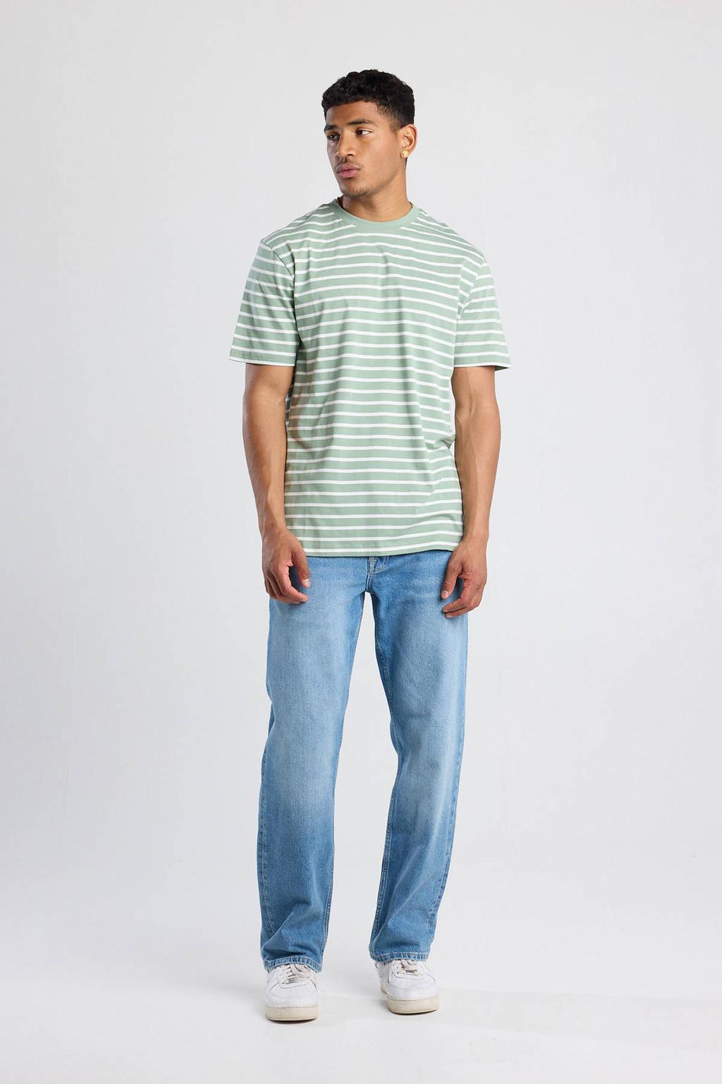 Groene heren America Today regular T-shirt van katoen met strepenprint, korte mouwen en ronde hals