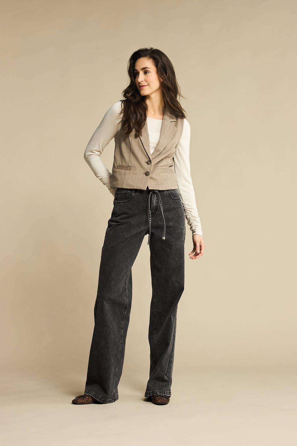 Black denim dames Red Button high waist wide leg jeans black van stretchdenim met rits- en knoopsluiting en effen