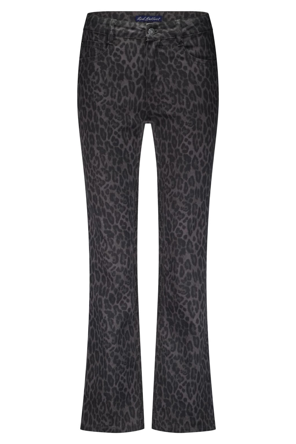 Zwart en grijze dames Red Button high waist flared jeans van katoen met rits- en knoopsluiting en dierenprint