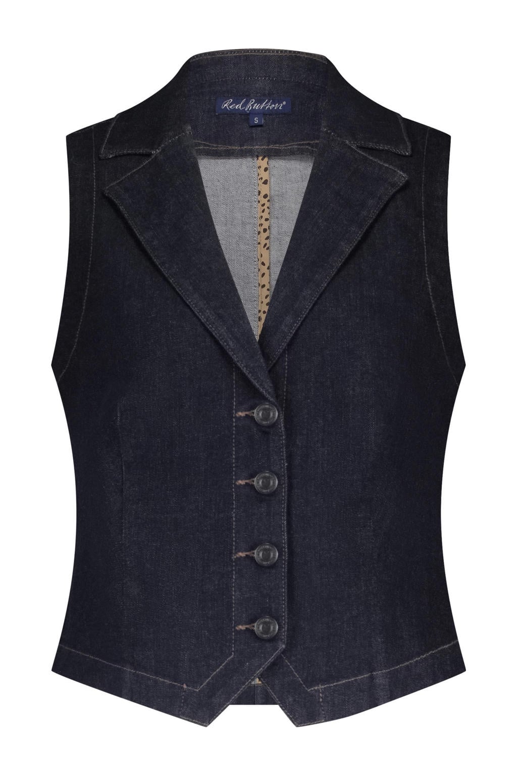 Dark blue denim dames Red Button gilet dark blue van stretchdenim met effen, reverskraag, knoopsluiting en contrast stiksels