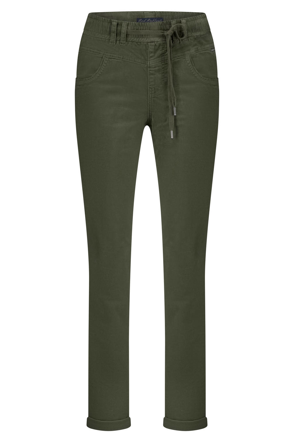 Kakikleurige dames Red Button fluweel slim high waist broek met elastische tailleband met koord en effen