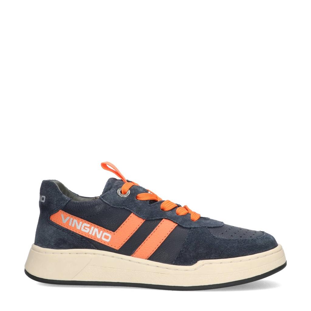 Donkerblauw en oranje jongens Vingino leren sneakers met veters