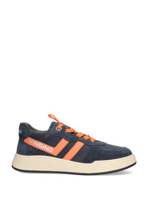 leren sneakers donkerblauw/oranje