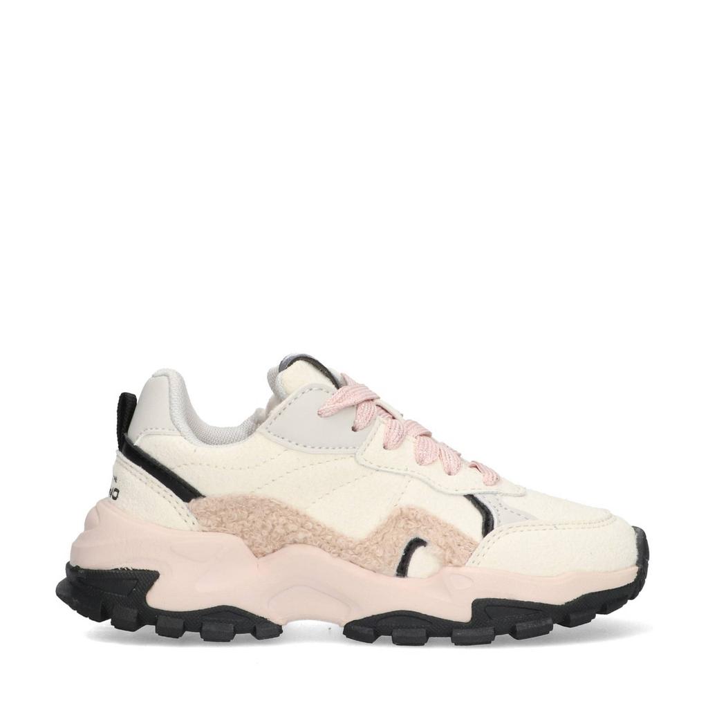 Ecru en lichtroze meisjes Vingino Monte Marina chunky suède sneakers met teddy