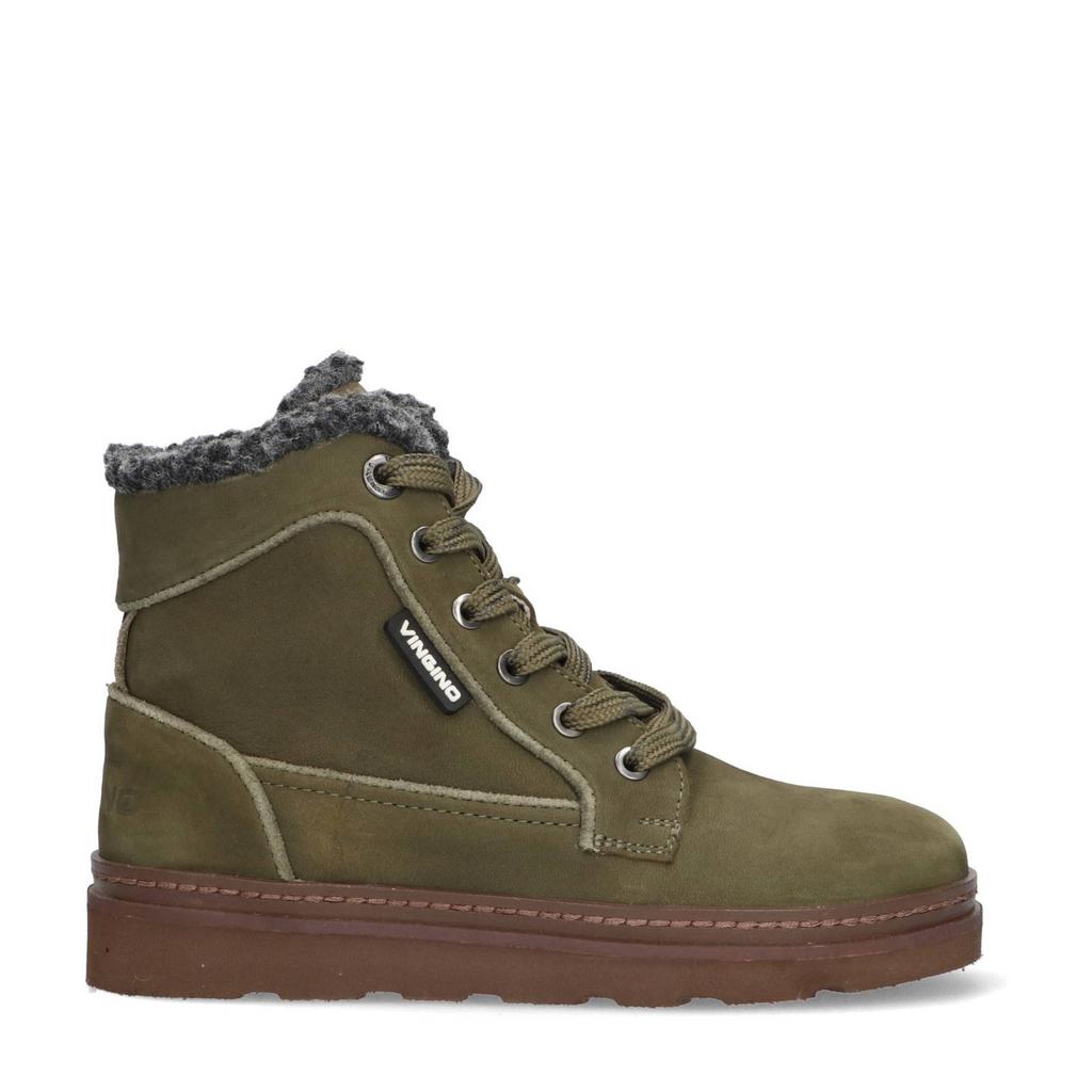 Donkergroene jongens Vingino leren veterboots met rits- en vetersluiting