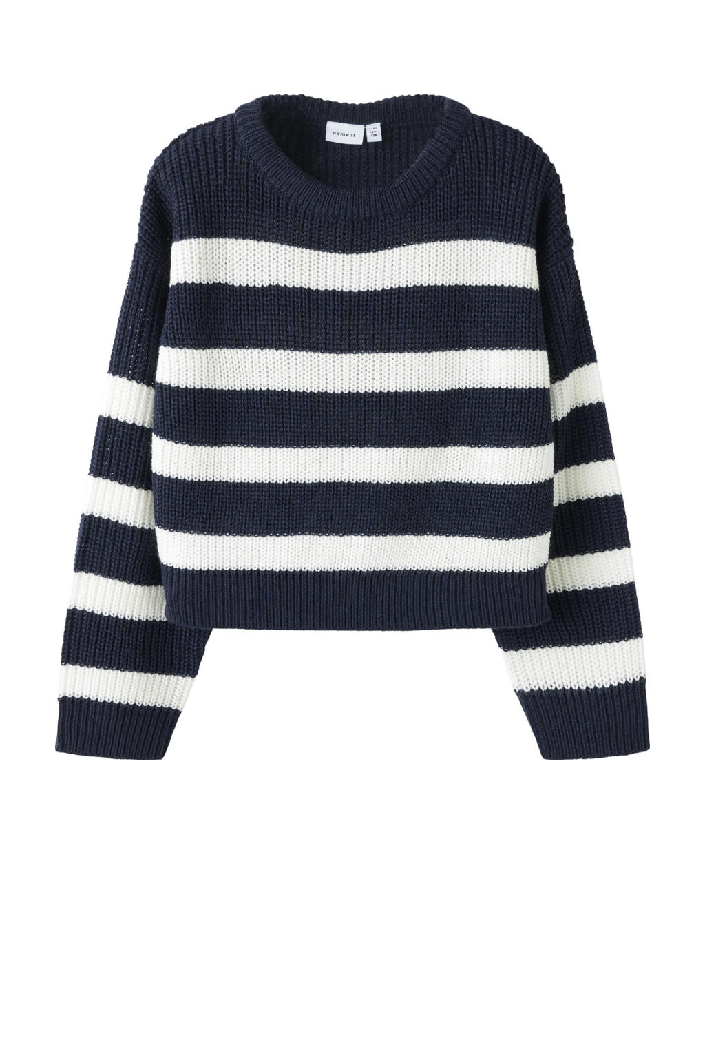 Donkerblauw en witte meisjes NAME IT KIDS trui gebreid van acryl met strepenprint, lange mouwen en ronde hals
