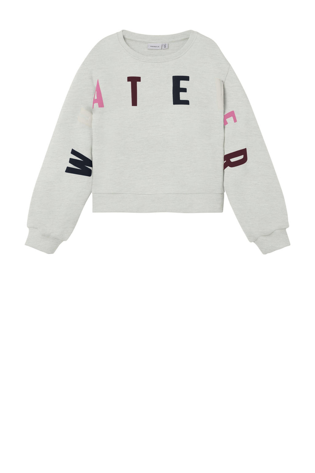 Grijs melange meisjes NAME IT KIDS sweater melange met tekst print, lange mouwen en ronde hals