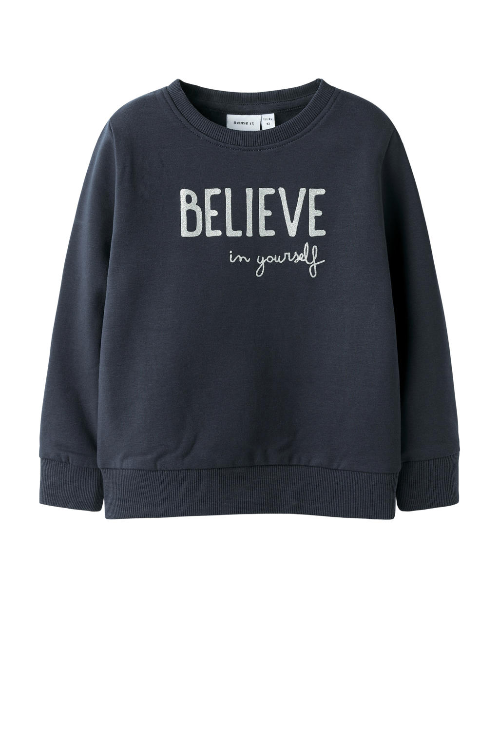 Donkerblauwe meisjes NAME IT MINI sweater met tekst print, lange mouwen en ronde hals