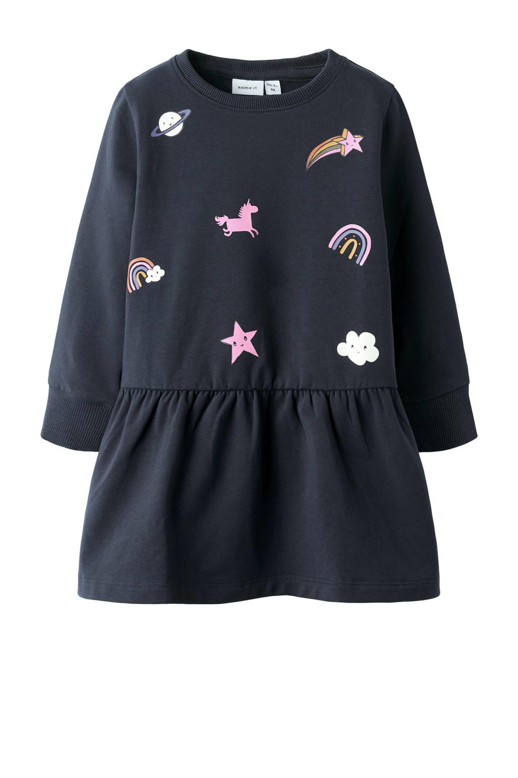 Donkerblauwe meisjes NAME IT MINI A-lijn jurk van sweat materiaal met lange mouwen, ronde hals en volant