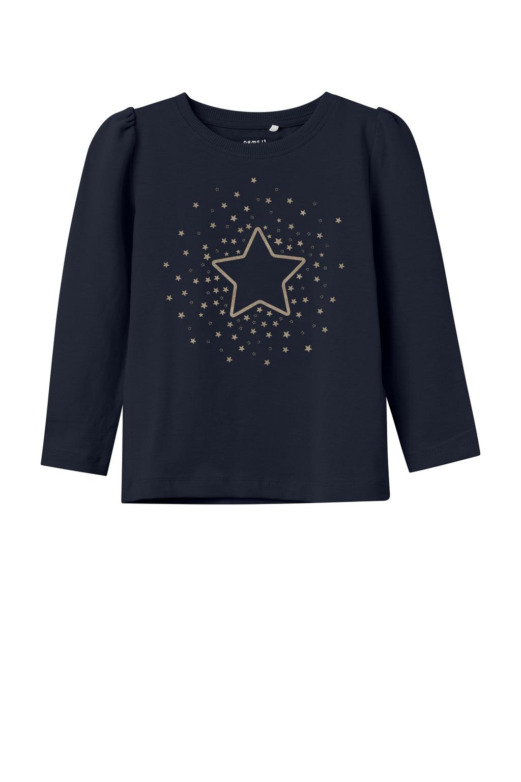 Donkerblauwe meisjes NAME IT MINI longsleeve van stretchkatoen met printopdruk, lange mouwen, ronde hals en glitters