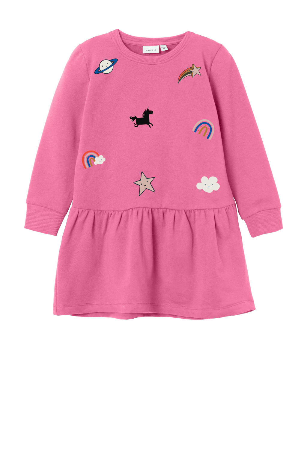 Roze meisjes NAME IT MINI A-lijn jurk van sweat materiaal met mixprint, lange mouwen en ronde hals