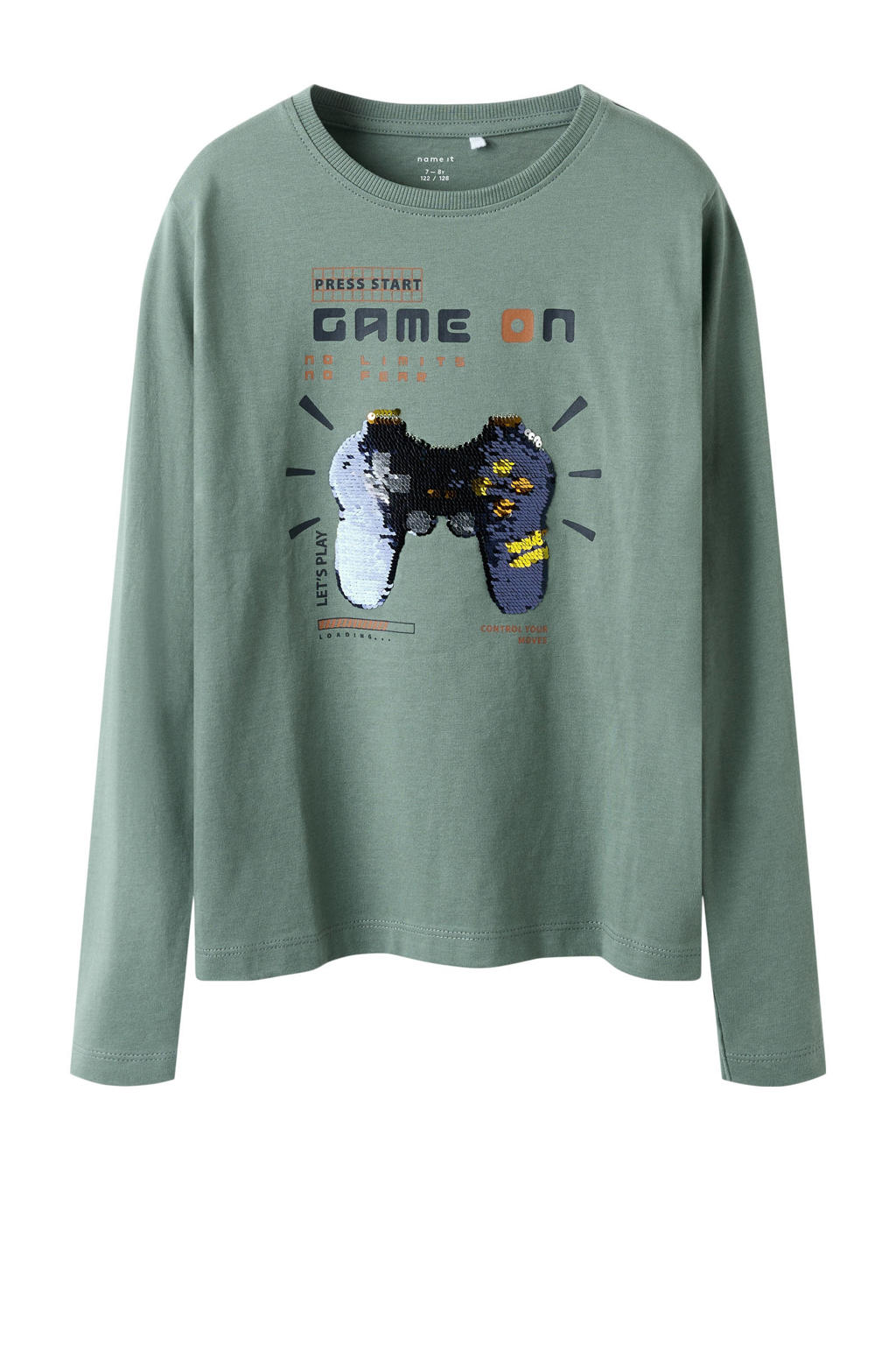 Groene jongens NAME IT KIDS longsleeve van katoen met printopdruk, lange mouwen, ronde hals en pailletten