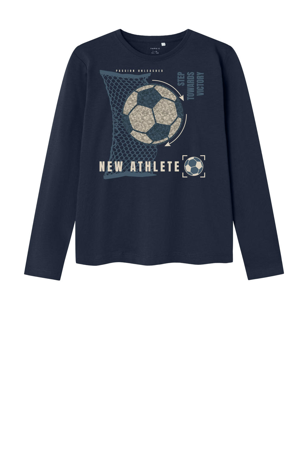 Donkerblauwe jongens NAME IT KIDS longsleeve van katoen met printopdruk, lange mouwen, ronde hals en pailletten
