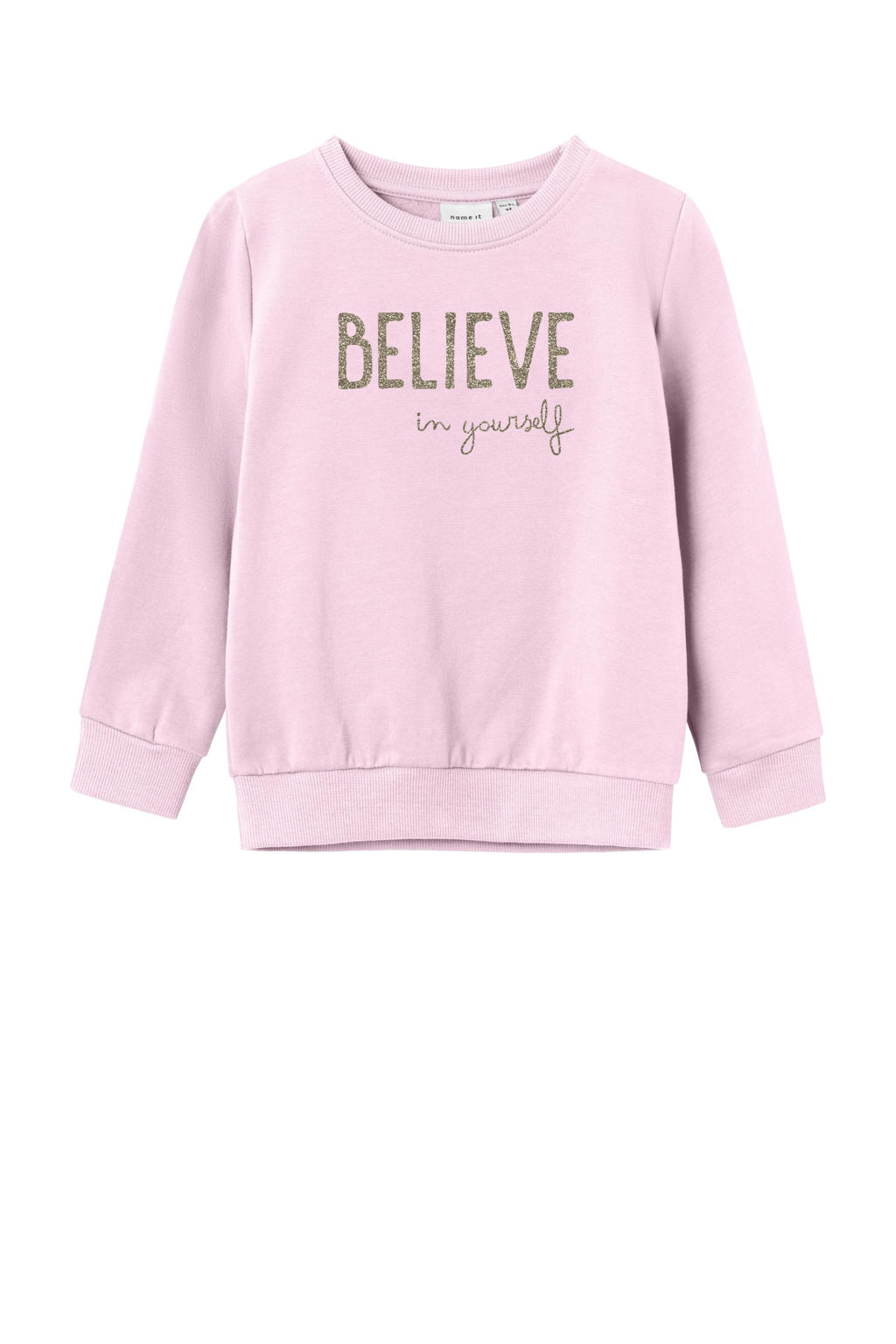 Lichtroze meisjes NAME IT MINI sweater met tekst print, lange mouwen en ronde hals