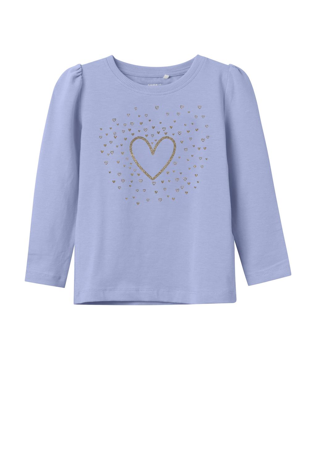 Lichtblauwe meisjes NAME IT MINI longsleeve van stretchkatoen met printopdruk, lange mouwen, ronde hals en glitters