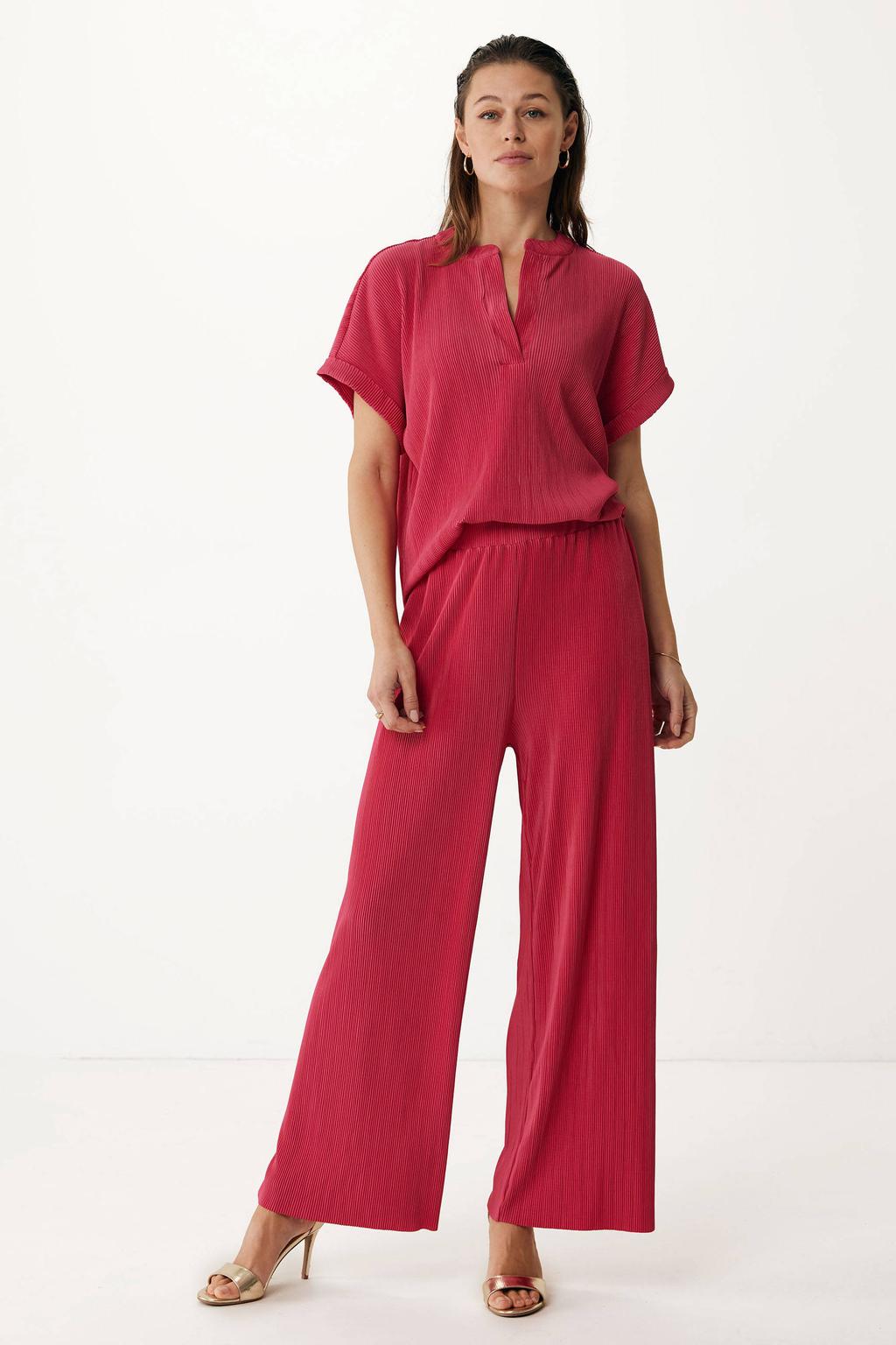 Roze dames Mexx top van polyester met effen, korte mouwen, V-hals en plissé details
