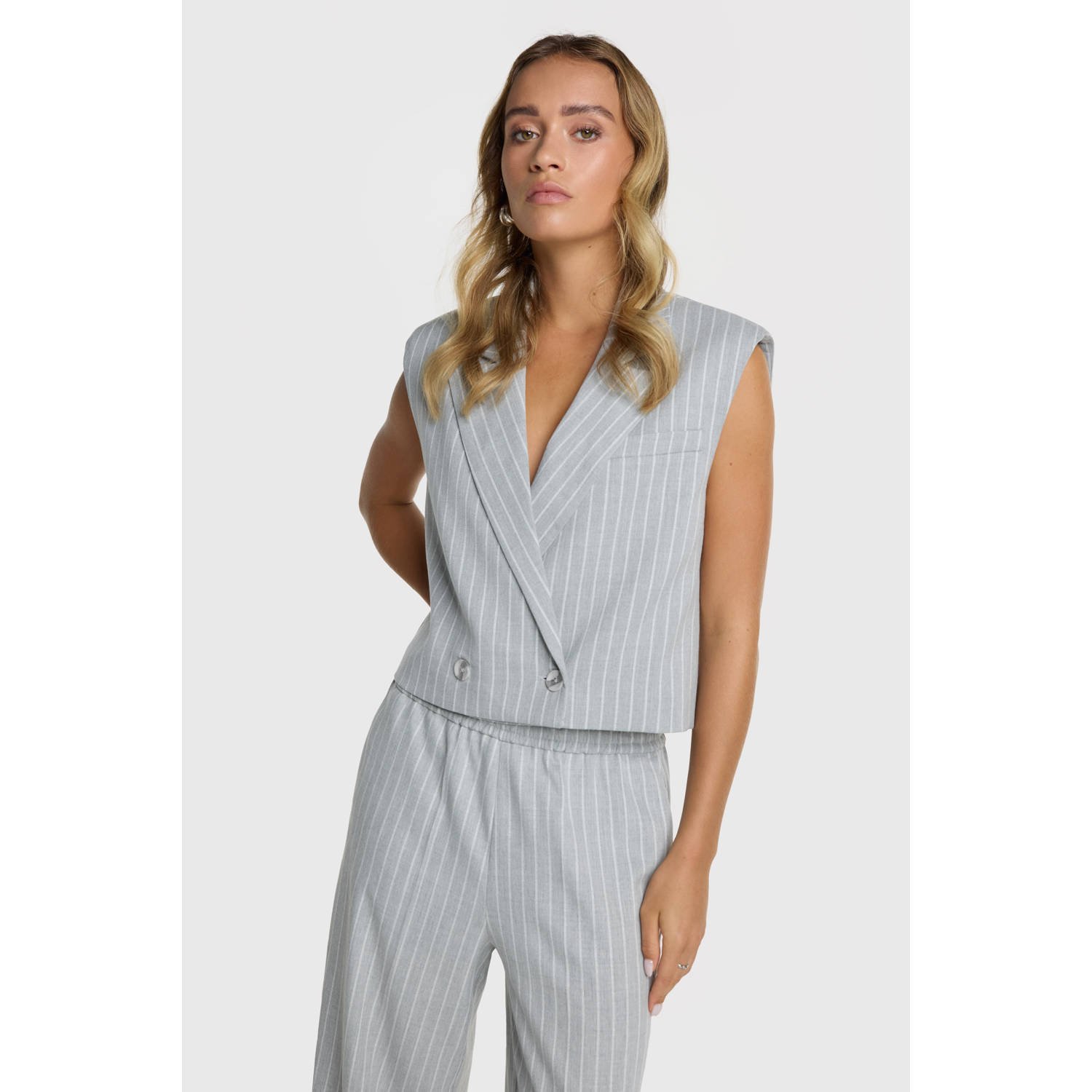 ALIX THE LABEL Dames Blazers Ladies Woven Pinstripe Waistcoat Lichtgrijs