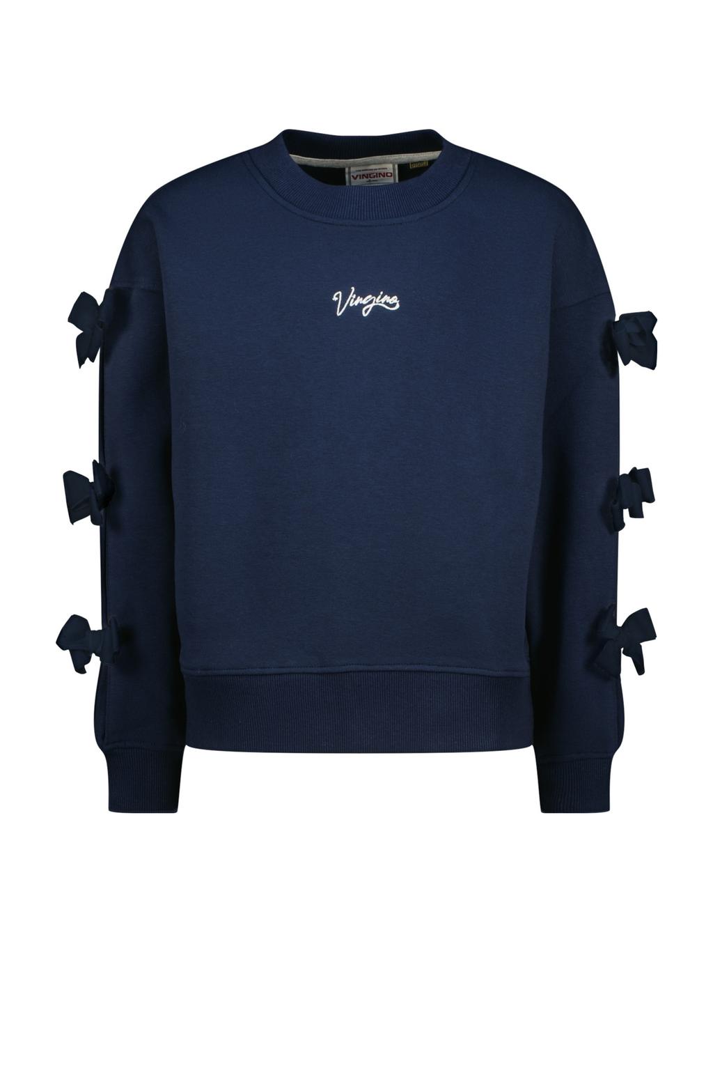 Donkerblauwe meisjes Vingino sweater van katoen met tekst print, lange mouwen, ronde hals en geribde boorden