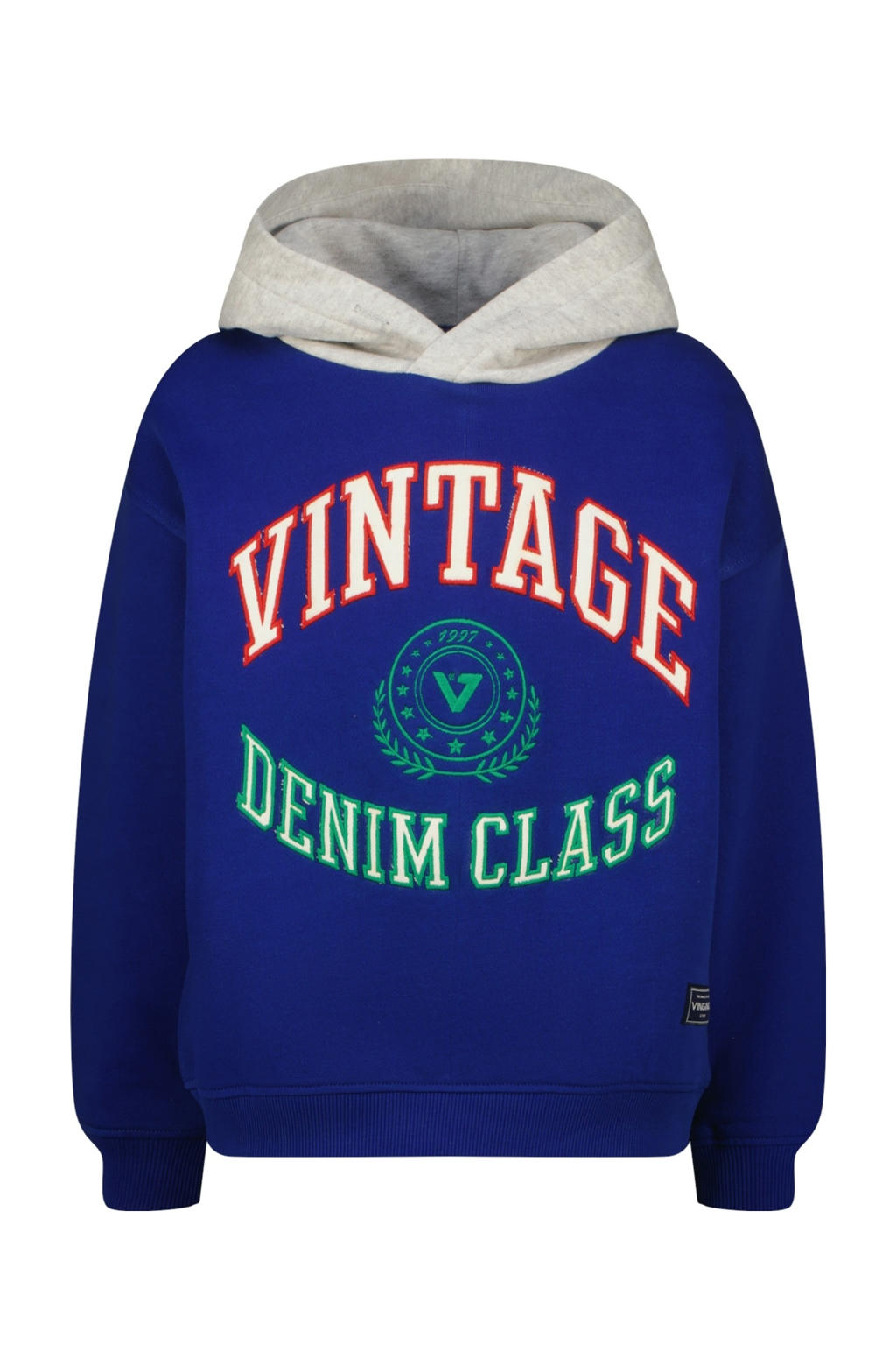 Blauw en grijze jongens Vingino hoodie van katoen met printopdruk, lange mouwen en capuchon