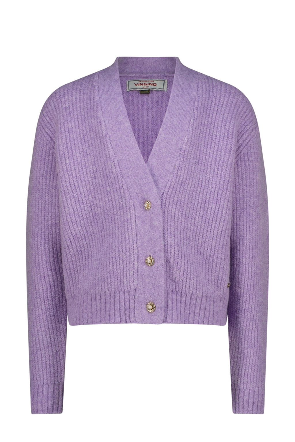 Paarse meisjes Vingino cardigan gebreid van polyester met effen, lange mouwen, V-hals en knoopsluiting
