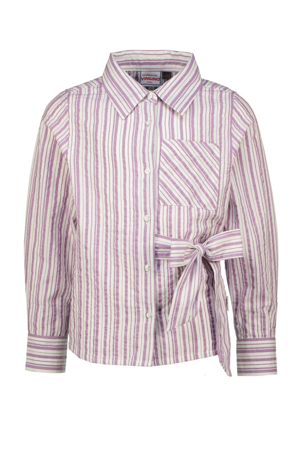 Paars en witte meisjes Vingino gestreepte blouse van katoen met lange mouwen, klassieke kraag, knoopsluiting en strikje
