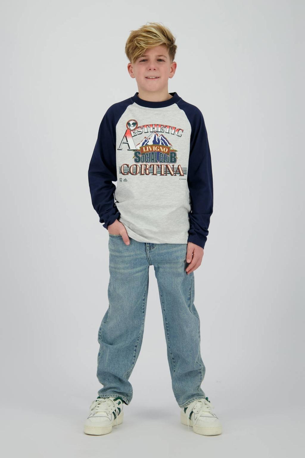 Grijs melange, grijs en donkerblauwe jongens Vingino longsleeve melange van katoen met printopdruk, lange mouwen en ronde hals